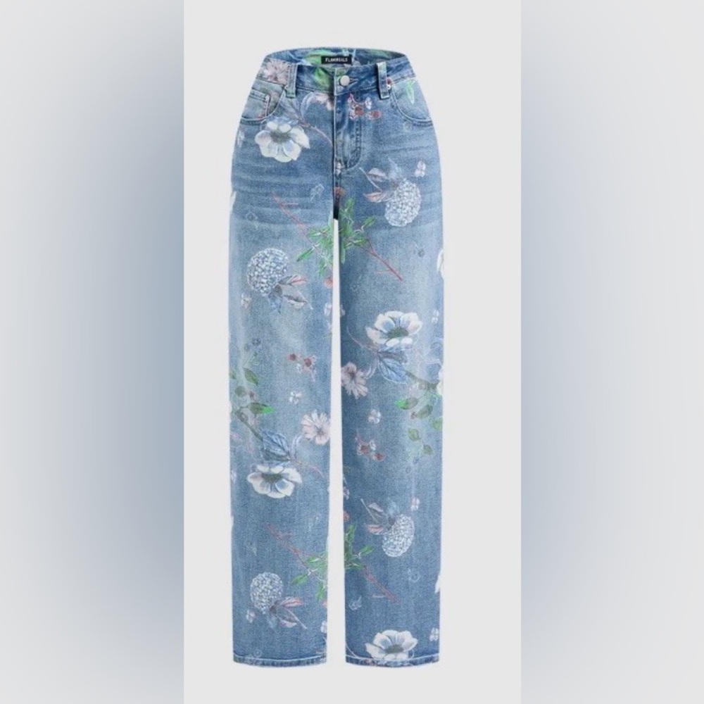 Flamingals Floral Pattern Wash Straight Leg High Waist Jeans - Picture 5 of 10